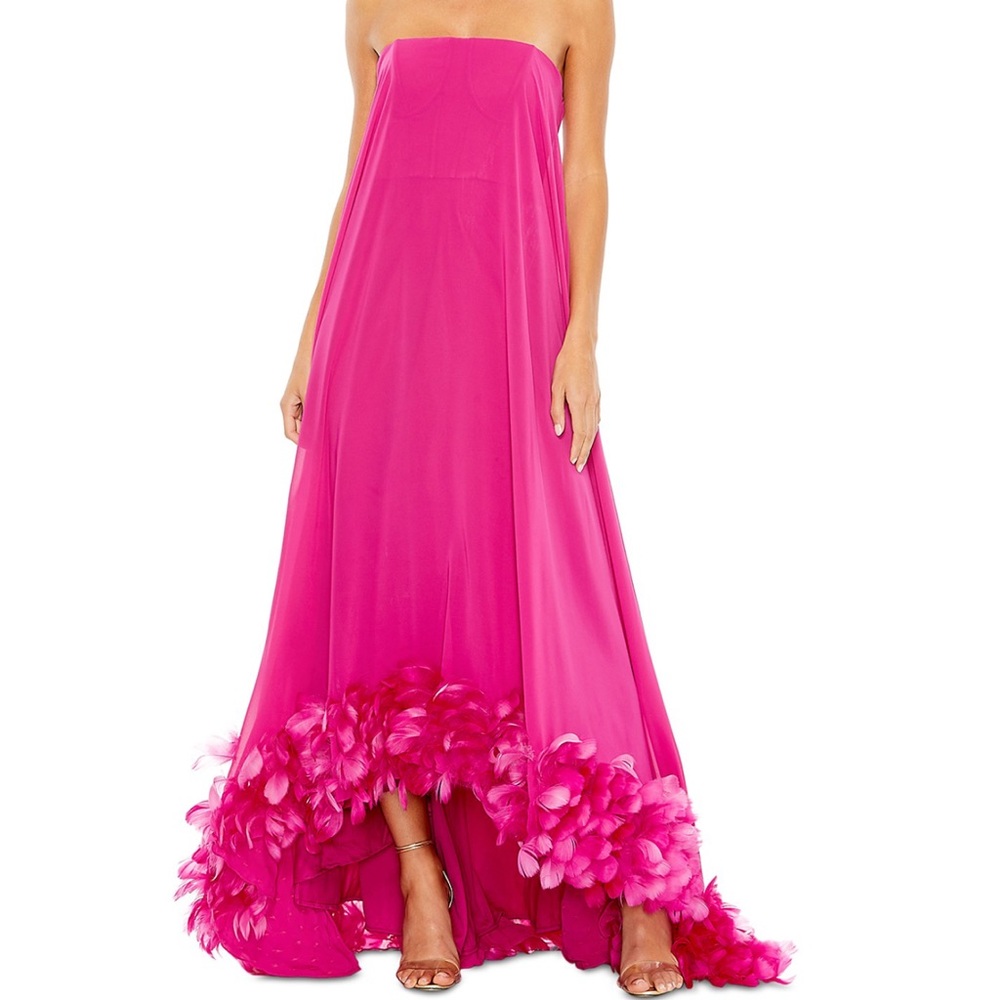 Mac Duggal Strapless Flared Feather Hem Gown